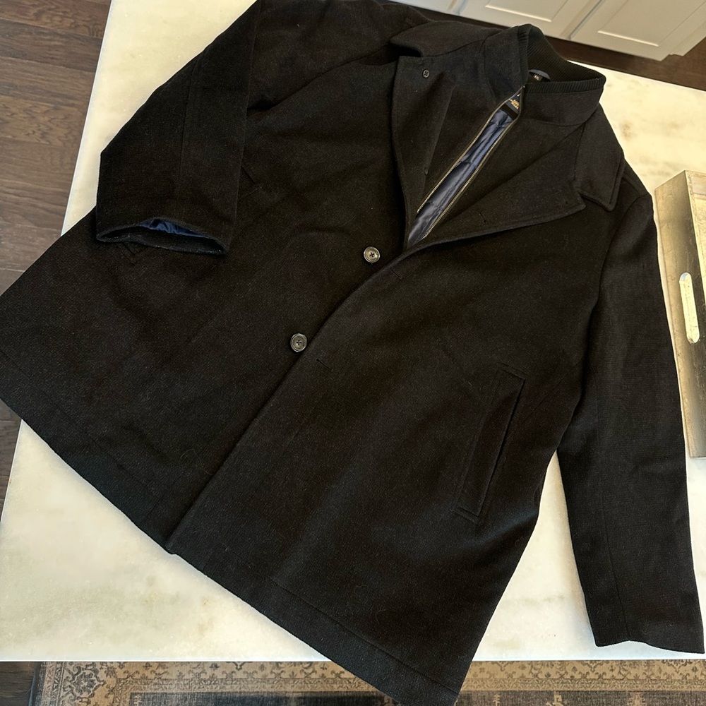 Hart Schaffner Marx Black Wool Pea Coat with Bib
